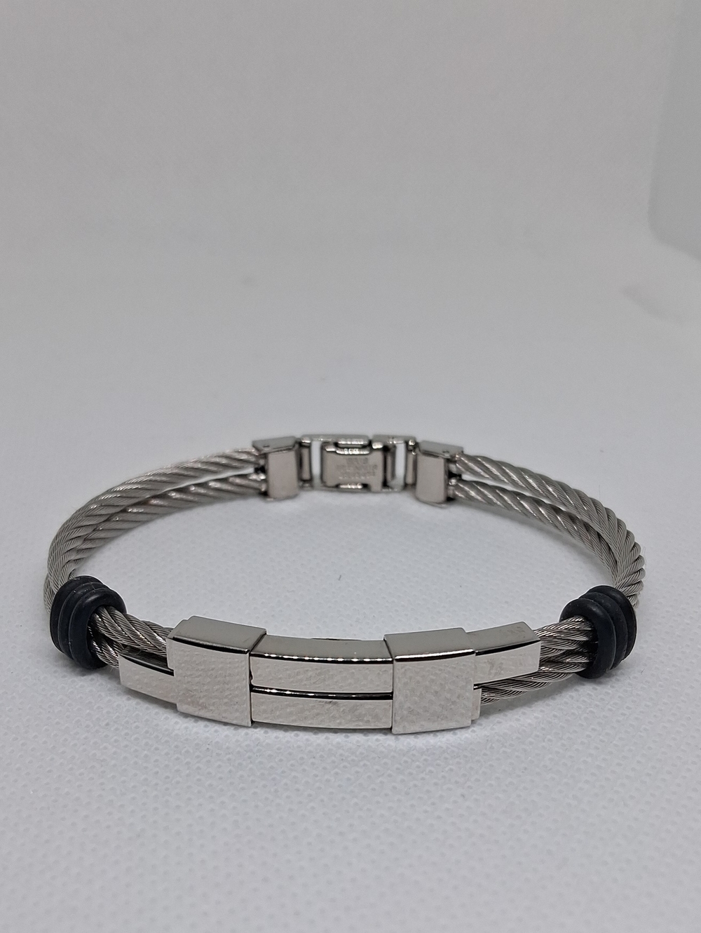 Men's Stainless Steel Cable Bracelet with Black Accents